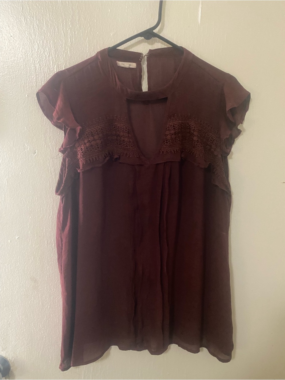 Maurices Burgundy Crochet-Trim Flutter Sleeve Blouse
